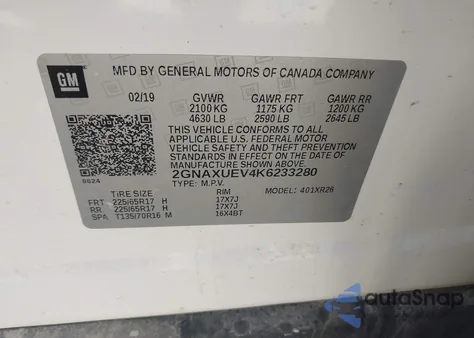 2019 Chevrolet Equinox Lt z USA, uszkodzony, nr VIN 2GNAXUEV4K6233280